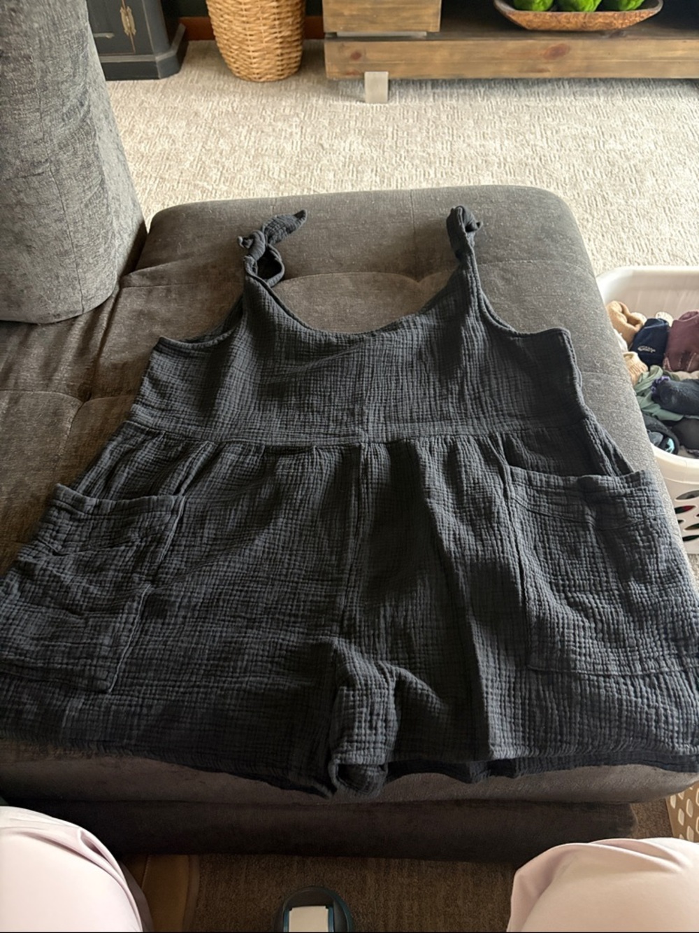 Black Gauze Tie-Strap Romper with Front Pockets